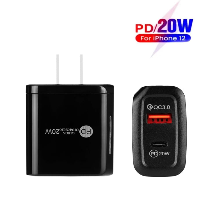TE-PD01 PD 20W + QC3.0 USB Dual Ports Quick Charger with Indicator Light, US Plug(Black)