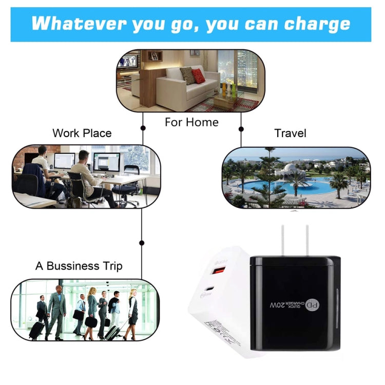 TE-PD01 PD 20W + QC3.0 USB Dual Ports Quick Charger with Indicator Light, US Plug(Black)