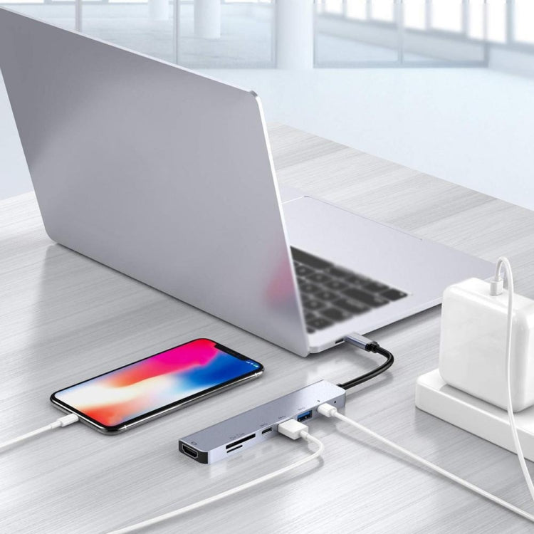 7 in 1 Type-C to HDMI + SD/TF + 2 x Type-C + 2 x USB3.0 Multi-function Splitter Adapter