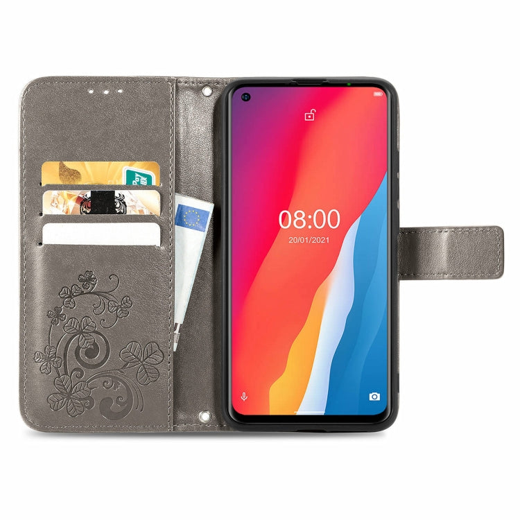 For Ulefone Note 11 Plus Four-leaf Clasp Embossed Buckle Mobile Phone Protection Leather Case with Lanyard & Card Slot & Wallet & Bracket Function(Gray)