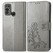 For  Doogee X96 Pro Four-leaf Clasp Embossed Buckle Mobile Phone Protection Leather Case with Lanyard & Card Slot & Wallet & Bracket Function(Gray)