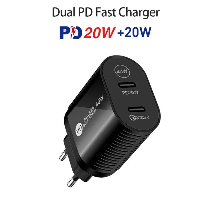40W Dual Port PD / Type-C Fast Charger for iPhone / iPad Series, US Plug(Black)