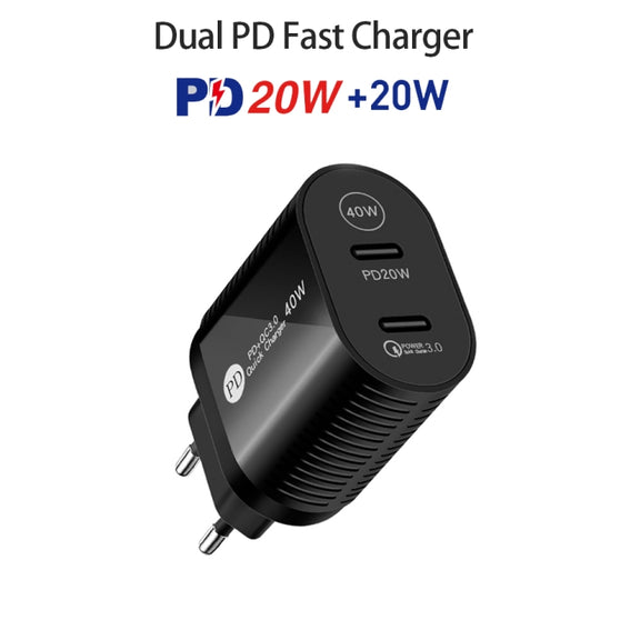 40W Dual Port PD / Type-C Fast Charger for iPhone / iPad Series, US Plug(Black)