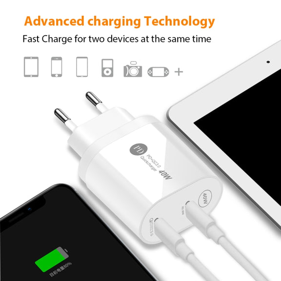 40W Dual Port PD / Type-C Fast Charger for iPhone / iPad Series, US Plug(White)