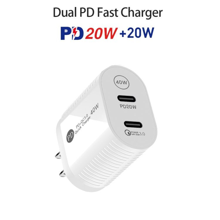 40W Dual Port PD / Type-C Fast Charger with Type-C to 8 Pin Data Cable, US Plug(White)