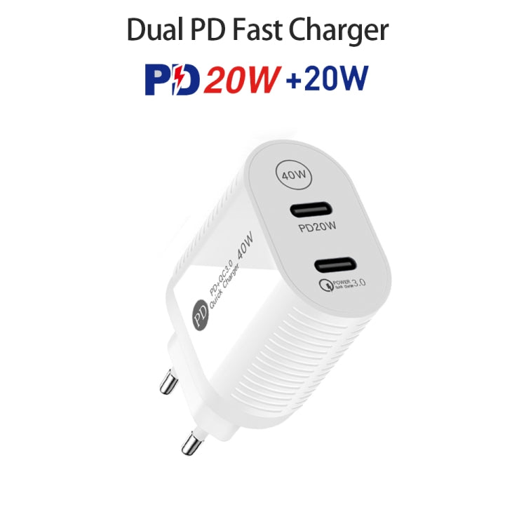 40W Dual Port PD / Type-C Fast Charger with Type-C to 8 Pin Data Cable, EU Plug(White)