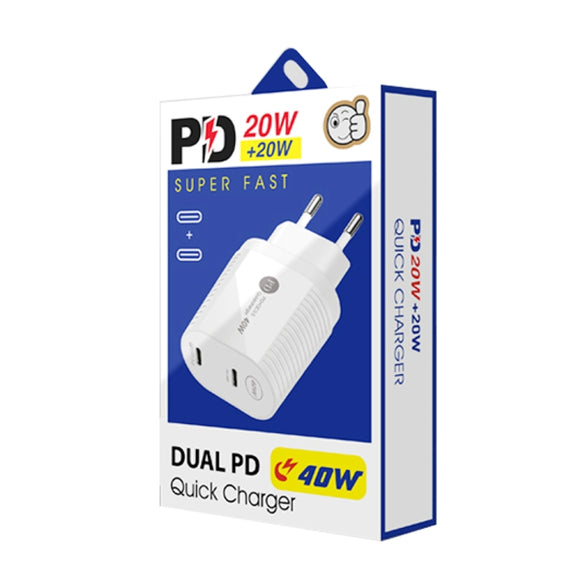 40W Dual Port PD / Type-C Fast Charger with Type-C to 8 Pin Data Cable, EU Plug(White)