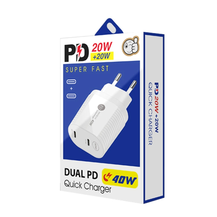 40W Dual Port PD / Type-C Fast Charger with Type-C to 8 Pin Data Cable, EU Plug(White)