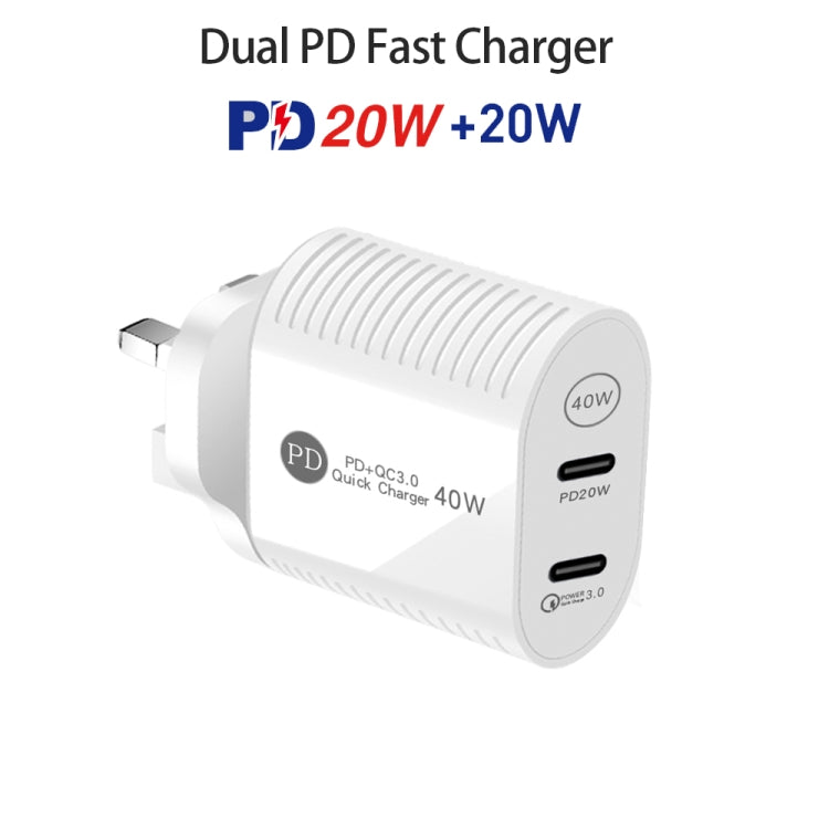 40W Dual Port PD / Type-C Fast Charger with Type-C to 8 Pin Data Cable, UK Plug(White)