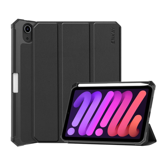 For iPad mini 2024 / mini 6 ENKAY Custer Texture Horizontal Flip PU+TPU Leather Tablet Case with Three-folding Holder & Sleep / Wake-up Function & Pen Holder(Black)