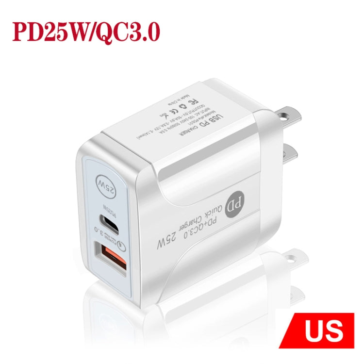 PD25W USB-C / Type-C + QC3.0 USB Dual Ports Fast Charger, US Plug(White)