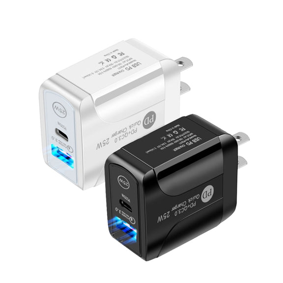 PD25W USB-C / Type-C + QC3.0 USB Dual Ports Fast Charger, US Plug(White)