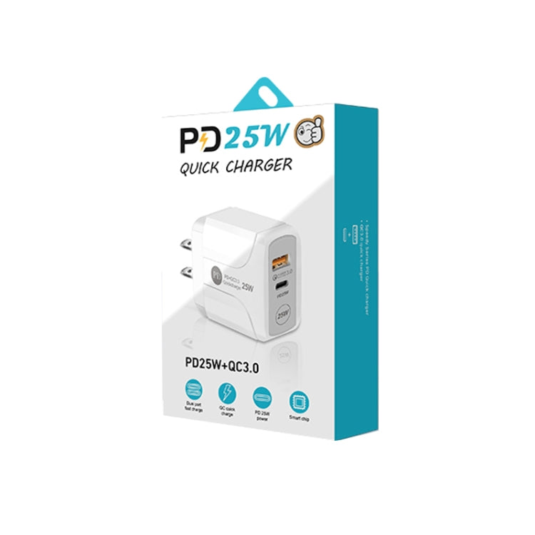 PD25W USB-C / Type-C + QC3.0 USB Dual Ports Fast Charger, US Plug(White)