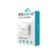 PD25W USB-C / Type-C + QC3.0 USB Dual Ports Fast Charger, US Plug(White)