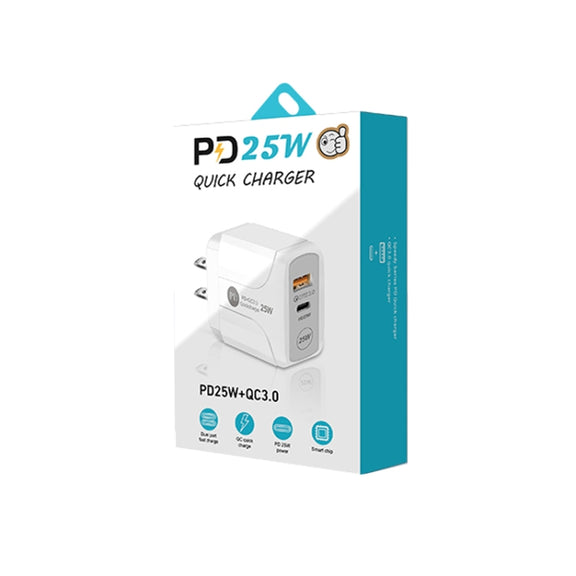 PD25W USB-C / Type-C + QC3.0 USB Dual Ports Fast Charger, US Plug(White)
