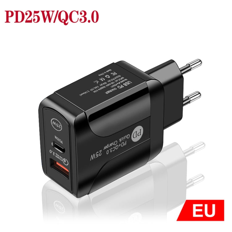PD25W USB-C / Type-C + QC3.0 USB Dual Ports Fast Charger, EU Plug(Black)