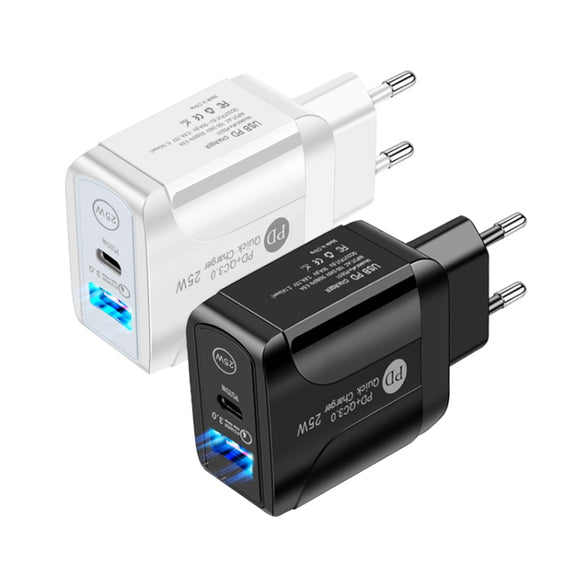 PD25W USB-C / Type-C + QC3.0 USB Dual Ports Fast Charger, EU Plug(Black)