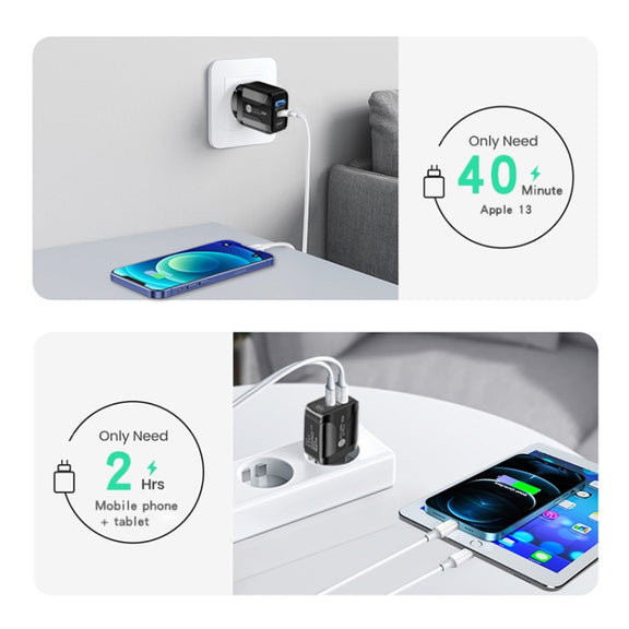PD25W USB-C / Type-C + QC3.0 USB Dual Ports Fast Charger, EU Plug(Black)