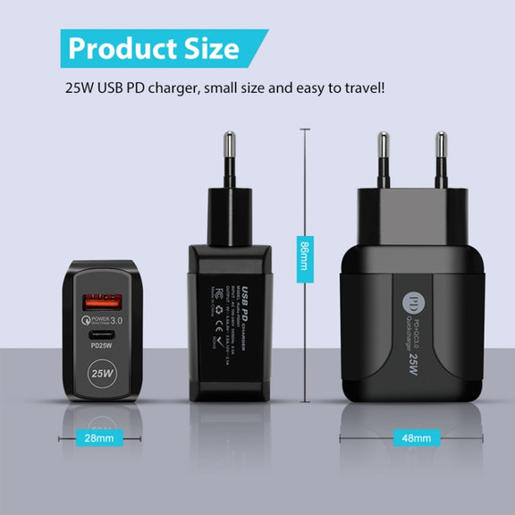 PD25W USB-C / Type-C + QC3.0 USB Dual Ports Fast Charger, EU Plug(Black)