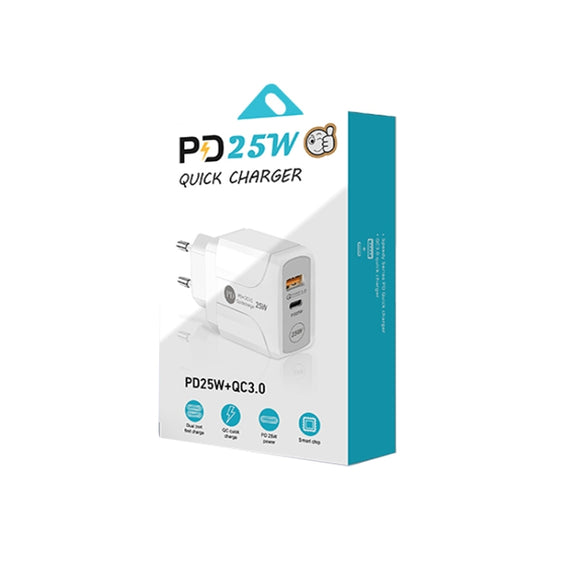 PD25W USB-C / Type-C + QC3.0 USB Dual Ports Fast Charger, EU Plug(Black)