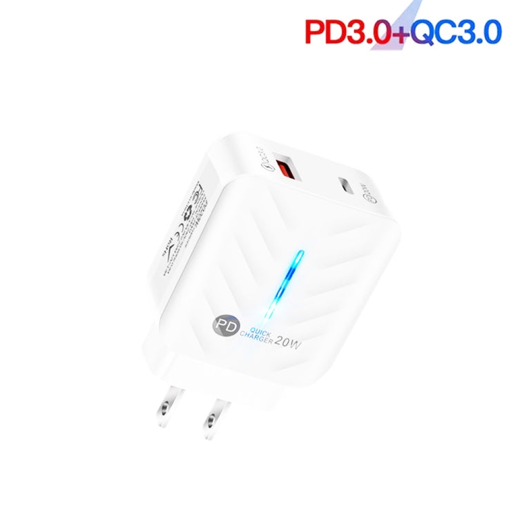 PD03 20W Type-C + QC3.0 USB Charger with Indicator Light, US Plug(White)