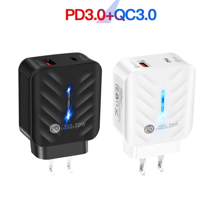 PD03 20W Type-C + QC3.0 USB Charger with Indicator Light, US Plug(White)