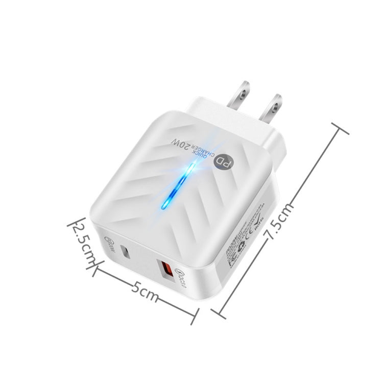 PD03 20W Type-C + QC3.0 USB Charger with Indicator Light, US Plug(White)