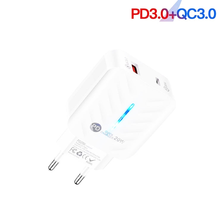 PD03 20W Type-C + QC3.0 USB Charger with Indicator Light, EU Plug(White)