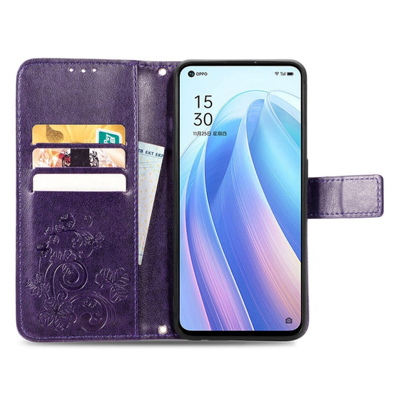 For OPPO Reno7 5G Four-leaf Clasp Embossed Buckle Leather Phone Case(Purple)
