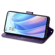 For OPPO Reno7 5G Four-leaf Clasp Embossed Buckle Leather Phone Case(Purple)