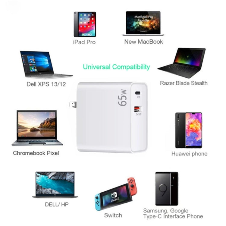 PD-65W USB-C / Type-C + QC3. 0 USB Laptop Charging Adapter, AU Plug / US Plug(White)