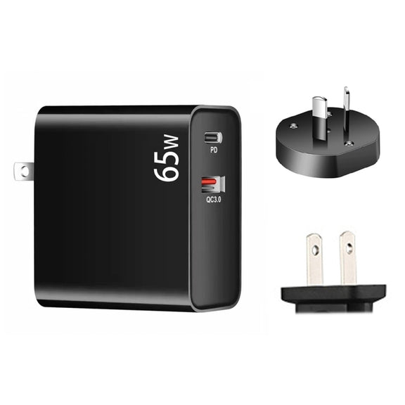 PD-65W USB-C / Type-C + QC3. 0 USB Laptop Charging Adapter + 2m USB-C / Type-C to USB-C / Type-C Data Cable Set, AU Plug / US Plug(Black)