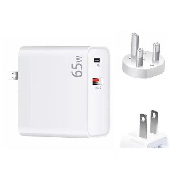 PD-65W USB-C / Type-C + QC3. 0 USB Laptop Charging Adapter + 2m USB-C / Type-C to USB-C / Type-C Data Cable Set, UK Plug / US Plug(White)