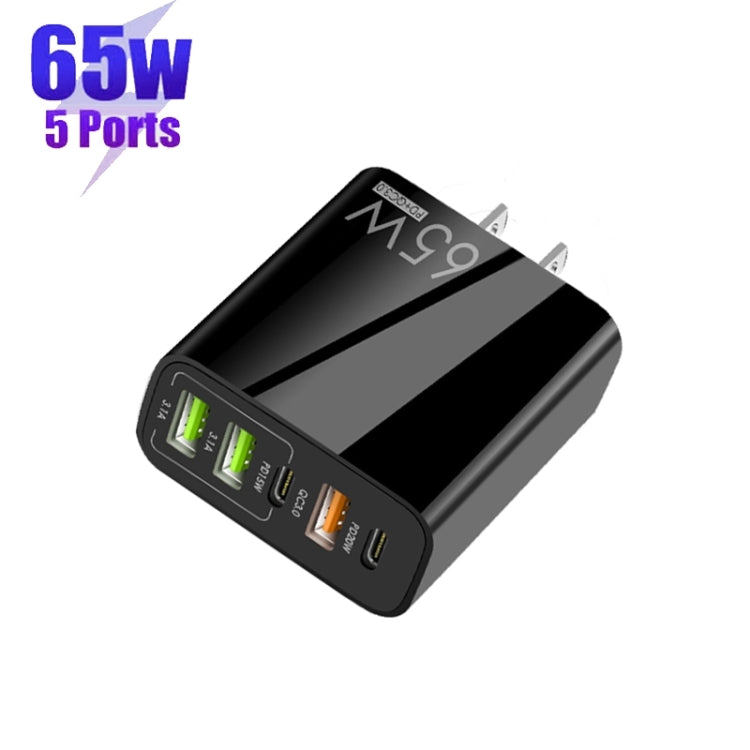 65W Dual PD Type-C + 3 x USB Multi Port Charger with 3A Type-C to 8 Pin Data Cable, US Plug(Black)