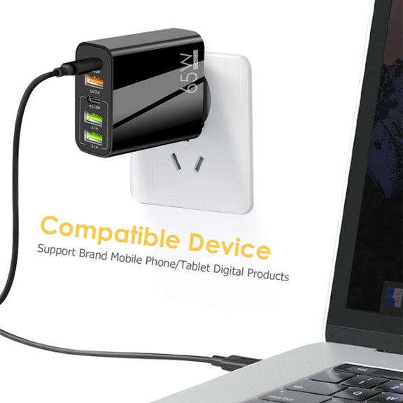 65W Dual PD Type-C + 3 x USB Multi Port Charger with 3A Type-C to 8 Pin Data Cable, US Plug(White)