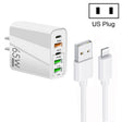 65W Dual PD Type-C + 3 x USB Multi Port Charger with 3A USB to 8 Pin Data Cable, US Plug(White) - USB Charger by PMC TechLife | Online Shopping South Africa | PMC TechLife | Buy Now Pay Later Mobicred