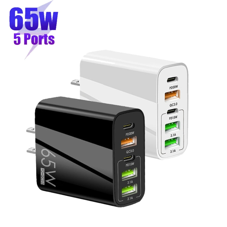 65W Dual PD Type-C + 3 x USB Multi Port Charger with 3A USB to 8 Pin Data Cable, US Plug(White)