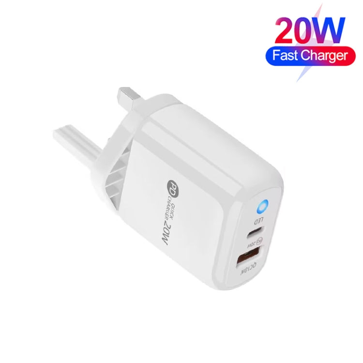 PD04 PD20W Type-C + QC18W USB Mobile Phone Charger with LED Indicator, UK Plug(White)