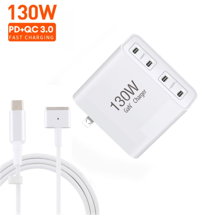 GaN 130W 4-Port USB-C PD65W / PD30W Multi Port Type-C Charger with  1.8m Type-C to MagSafe 2 / T Header Data Cable US / EU / UK Plug