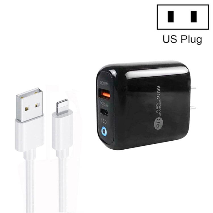 PD04 Type-C + USB Mobile Phone Charger with USB to 8 Pin Cable, US Plug(Black)