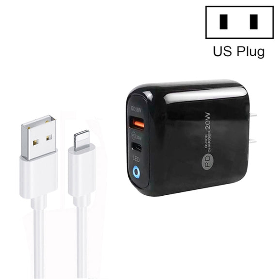 PD04 Type-C + USB Mobile Phone Charger with USB to 8 Pin Cable, US Plug(Black)