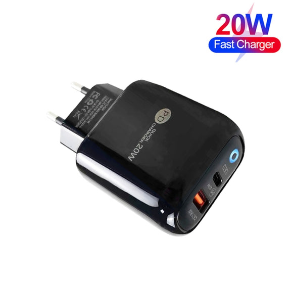 PD04 Type-C + USB Mobile Phone Charger with Type-C to 8 Pin Cable, EU Plug(Black)