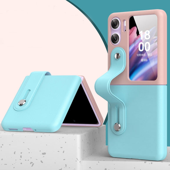 For OPPO Find N2 Flip Skin Color Contrast Wrist Strap Bracket Folding Phone Case(Ice Blue+Pink)
