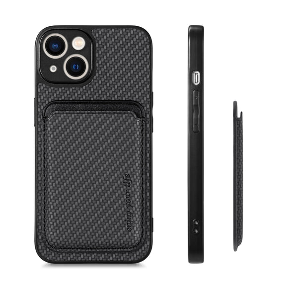 For iPhone 14 Carbon Fiber Leather Card Magsafe Magnetic Phone Case(Black)