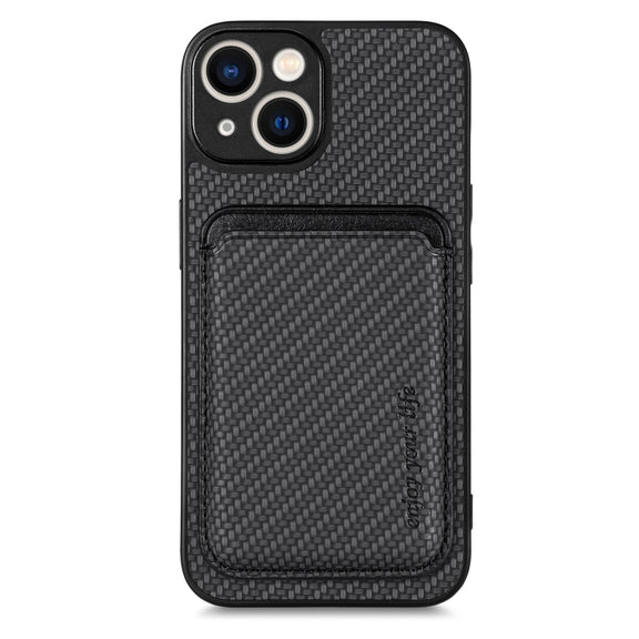 For iPhone 14 Carbon Fiber Leather Card Magsafe Magnetic Phone Case(Black)
