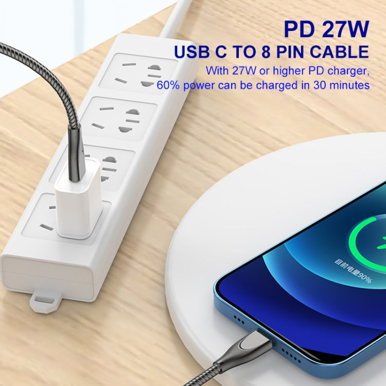 ENKAY ENK-CB128 PD 27W Type-C to 8 Pin Carbon Steel Hose Spring Fast Charging Data Cable, Length:1m(Silver)