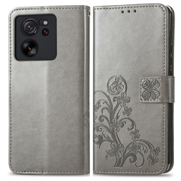 For Xiaomi 13T / 13T Pro Four-leaf Clasp Embossed Leather Phone Case(Gray)