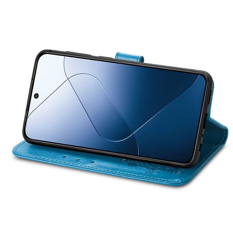 For Xiaomi 14 Four-leaf Clasp Embossed Leather Phone Case(Blue)