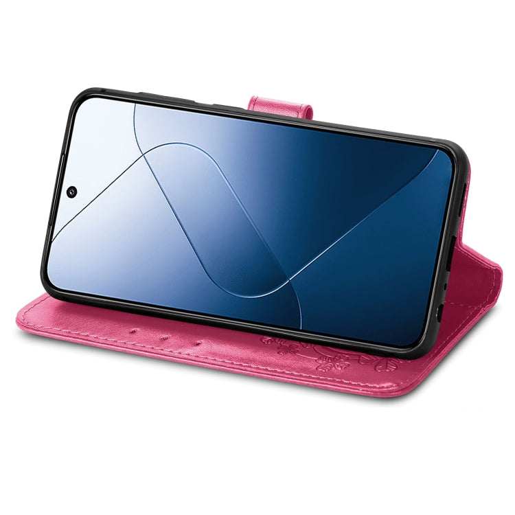 For Xiaomi 14 Pro Four-leaf Clasp Embossed Leather Phone Case(Magenta)