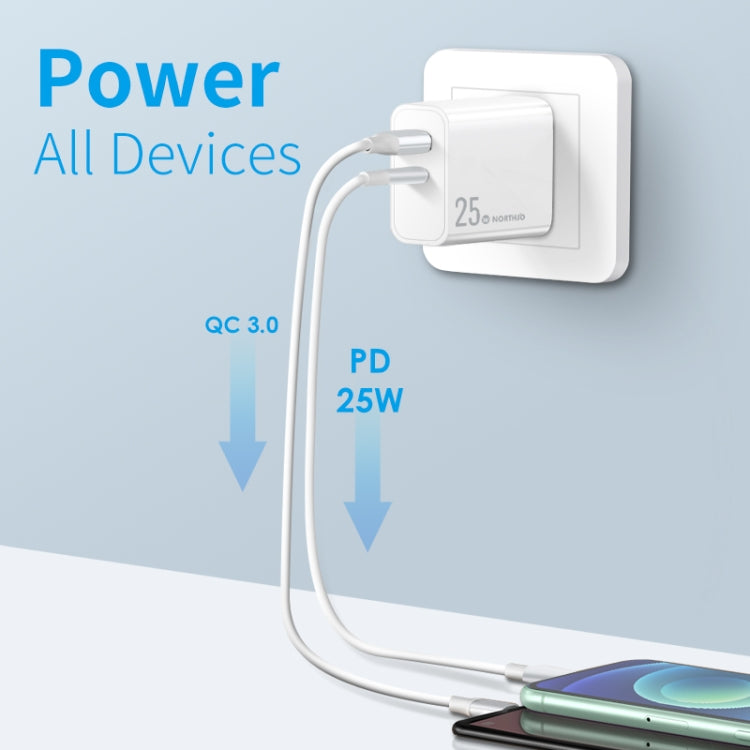 NORTHJO NOPD2502 PD 25W USB-C/Type-C + QC 3.0 USB Dual Ports Fast Charger, Plug Type:US Plug(White)
